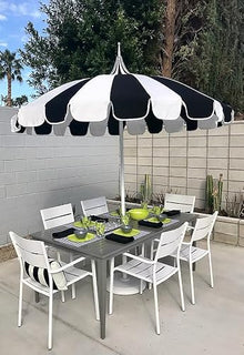 California Umbrella 8.5' Rd. Pagoda Style Patio Umbrella, White Pole, Black/Natural