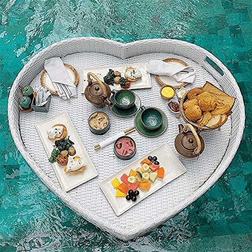 ERoomQ Floating Tray for Pool Hot Tub Breakfast Water Basket Bamboo - Outdoor Rattan Serving Swimming Pool Floating Food Tray Waterproof Durable (White)