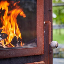 RB73 Bijuga Wood Burning Outdoor Fireplace, Portable with Wheels, 35"x27"x82", 3mm CorTen Steel, Heat-Resistant Glass, Industrial Design