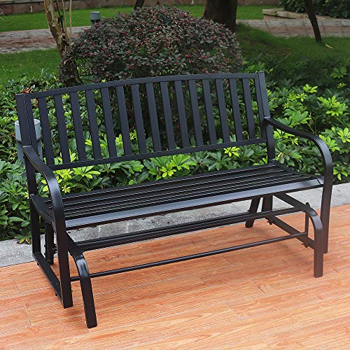 Outdoor Glider Garden Bench, 50" Patio Double Outdoor Swing Rocking Glider w/Durable Metal Cast Iron Porch Glider Seat & Armrests Steel Frame, Garden Glider for Porch, Garden, Sunroom, Backyard, Deck