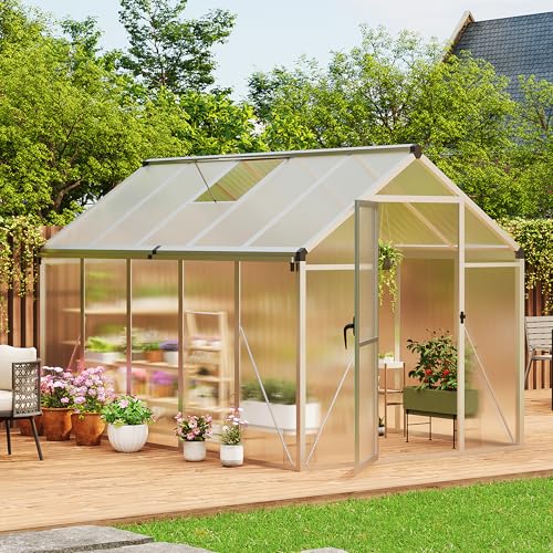 GarveeHome 6X10 FT Greenhouse for Outdoors, Large Walk-in Polycarbonate Greenhouse Kit, Aluminum Frame, Lockable Door, Roof Vent, Ground Spikes, for Garden, Patio, Backyard, Outdoor Plant Growth