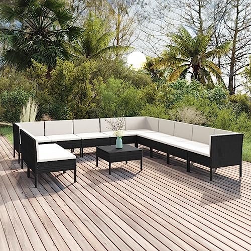 HEFZGDB 12 Piece Patio Lounge Set with Cushions Poly Rattan Black Porch Furniture Patio Table and Chairs Set Outdoor Patio Set Suitable for Lawn, Garden, Poolside.