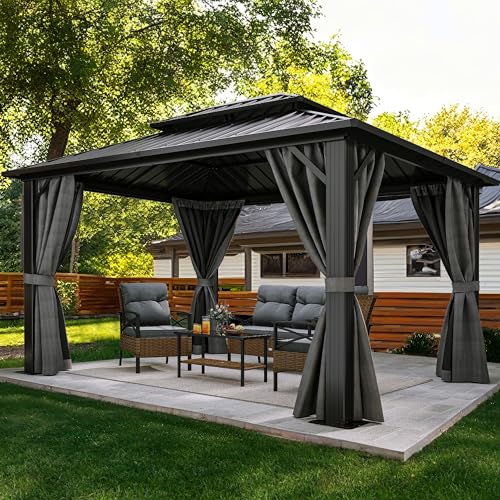 DWVO 10x12ft Hardtop Gazebo Double Roof with Nettings and Curtains Grey