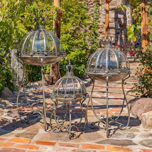 Set of 3 Glass Dome Terrariums with Iron Stands, Frosted Silver