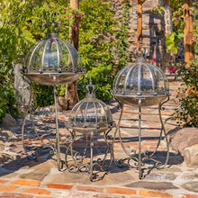 Set of 3 Glass Dome Terrariums with Iron Stands, Frosted Silver