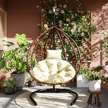 GDFStudio Hammock Chair with Stand, Rattan Wicker Hanging Egg Chair with Cushion and Headrest, Iron Frame Hammock Swing Chair for Indoor Outdoor Patio Balcony Porch Garden, 330lbs, Brown+Beige
