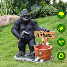 Outdoor Gorilla Garden Statue Flower Planter Urns with Welcome Sign, Resin Animal Yard Sculpture, Patio Porch Lawn Entryway Backyard Ornament for Courtyard Walkway Landscape Decor (Standing Gorilla)