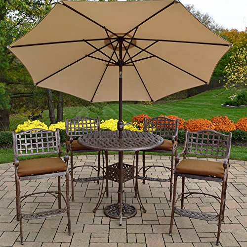 Oakland Living Elite Bar Set with Table, 4 Cushioned Stools, Umbrella, and Stand Antique Bronze