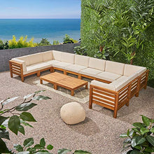 Great Deal Furniture GDFStudio Outdoor U-Shaped Sectional Sofa Set with Coffee Tables - 12-Piece 10-Seater - Acacia Wood - Outdoor Cushions - Teak and Beige