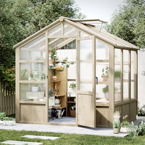 Garvee 8x6 ft Wooden Greenhouse, Greenhouses for Outdoors with Lockable Door, Wood Frame & Adjustable Vent, Heavy Duty Greenhouse with Polycarbonate Panel for Outside, Garden, Yard, Light Brown