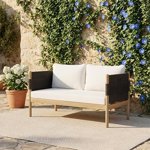 Outdoor Acacia Wood Loveseat with Handwoven Diamond Rope Weave and Cushions, Light Teak Finish Patio Sofa with Black Rope Panels and Cream Fabric for Garden, Balcony, Terrace and Outdoor Lounge