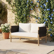 Outdoor Acacia Wood Loveseat with Handwoven Diamond Rope Weave and Cushions, Light Teak Finish Patio Sofa with Black Rope Panels and Cream Fabric for Garden, Balcony, Terrace and Outdoor Lounge
