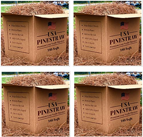 Long Needle Pine Straw Mulch - 240 Sqft Coverage 4 Set - Premium USA Harvested PineStraw for Landscaping, Weed Control, Moisture Retention & Erosion Control - USA Pinestraw