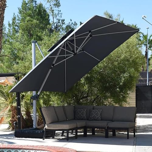 OROTLECT 12ft Cantilever Patio Umbrella with Wheeled Base Offset Hanging Umbrella with Crank Lift UV Protection Gray Polyester Canopy for Garden Deck Poolside Outdoor