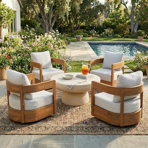 Christopher Knight Home Telluride Outdoor Swivel Club Chair Set with 27.5 Inch Round MGO Coffee Table, 4 Acacia Wood Patio Chairs with Beige Cushions and Black Base Outdoor Furniture Set, Teak
