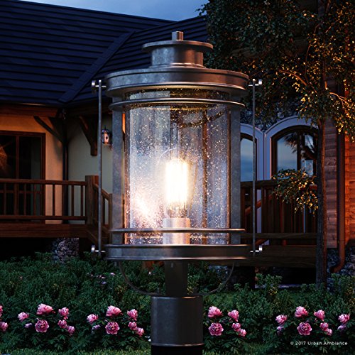 Urban Ambiance Luxury MidCentury Modern Outdoor Post Light, Medium Size: 19.5" H x 10.5" W, with Craftsman Style Elements, High-End Black Silk Finish and Seeded Glass, Includes Edison Bulb, UQL1010