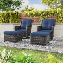 MeetLeisure 5 Piece Outdoor Patio Furniture Set Wicker Conversation Bistro Set Swivel Rocking Chairs with Side Table and Ottomans for Backyard, Porch, Deck(Mixed Grey/Blue)