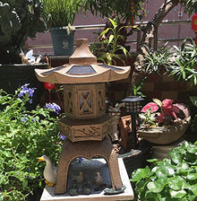 RAN 18.9in Tall Stone Pagoda Outdoor Statue, Waterproof Zen Japanese Lantern Garden Sculpture Solar Powered LED Light Outdoor Decor