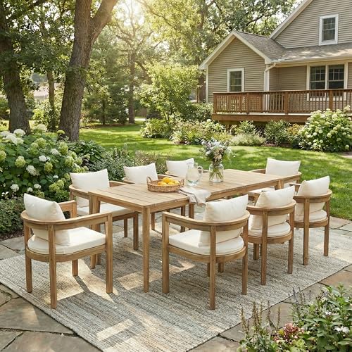 Christopher Knight Home Visola Acacia Wood Outdoor Dining Set for 8, 9 Piece Patio Dining Table and Chair Set, Wooden Outdoor Dining Armchair and Table Set with Cushion, Light Teak+Beige