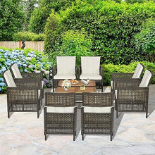 10PCS Patio Rattan Furniture Set Cushioned Sofa Armrest Wooden Tabletop