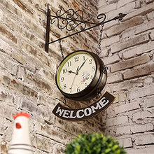 Wall Clock, Outdoor Garden Wall Clock, Large Double Sided Arabic Numerals Station Clock Wrought Iron Garden Clock with Welcome Sign Waterproof Outdoor Clock Indoor Outdoor Decoration Outside，
