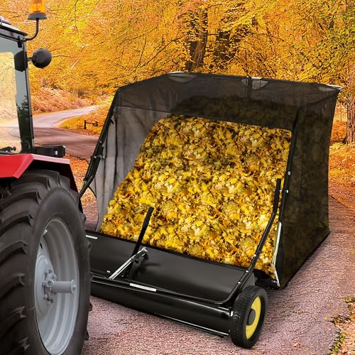 Takywep 44 Inch Heavy Duty Tow Behind Lawn Sweeper, Large Capacity 26 Cubic Feet, Adjustable Height Pull Behind Leaf and Grass Collector, Easy Dump Rope for Lawn Tractors and ATVs