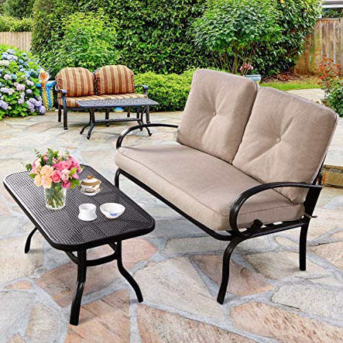 ReunionG 2 Pcs Patio Outdoor Loveseat Set, 2 Person Bench and Coffee Table, Steel Frame Sofa Set with Cushion, for Porch Yard Garden Outside, Loveseat Outdoor Furniture Set