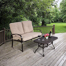 ReunionG 2 Pcs Patio Outdoor Loveseat Set, 2 Person Bench and Coffee Table, Steel Frame Sofa Set with Cushion, for Porch Yard Garden Outside, Loveseat Outdoor Furniture Set