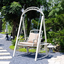Outdoor Patio Swing Chair with Seat Cushion, Heavy Duty Porch Swing with Stand, Reinforced Screw Fastening, Galvanized Steel Hanging Chains for Garden Backyard Lawn(White)