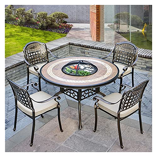 ERoomQ Wood Fire Pits Outdoor Garden Grill Table - Wood Burning Fire Pit, BBQ Party Restaurant Table and Chair Set-with 4 Chairs, Outdoor Coffee Table,122cm/48, cappuccino