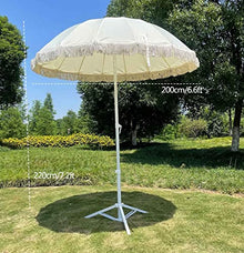 ARGENTFLUX Round Patio Umbrella Outdoor Portable Sun Shade Umbrella with Tassel Steel Pole Tilting Protection UPF, 16 Ribs, with Base