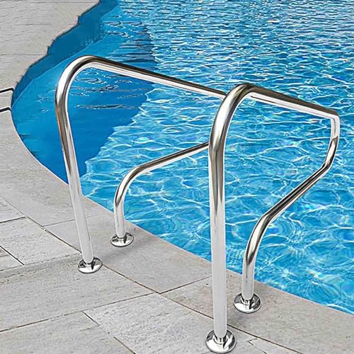 MSHOSAC Pool Handrail,Stainless Steel Pool Handrail 2-Pack, 3-Bend Railing with Base Plate for Indoor/Outdoor Inground Pools, Easy Install Swimming Pool Safety Handrails