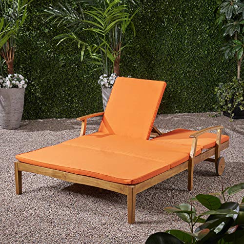 Great Deal Furniture GDFStudio Double Chaise Lounge Acacia Wood Teak Finish Orange Cushions