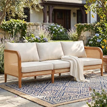 Christopher Knight Home Alala Acacia Wood Outdoor 3 Seater Sofa with Cushions, Solid Wood Patio Sofa with Wicker Accent, Comfy Lounge Sofa for Outdoor Patio Furniture Set, Beige + Teak + Yellow