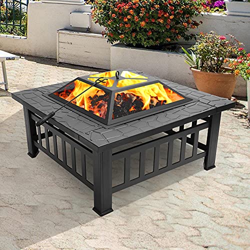Fire Pit Table Spark Screen, Fireplace Poker, Grate, Outdoor Fire Pits BBQ Bowl, Square Metal Firepit Table for Backyard Patio Bonfire Garden