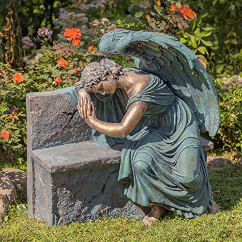 Zaer Ltd. Large Magnesium Angel Statues (Outdoor Safe) (35”T Napping On Bench Seraphina (Bronze Finish))