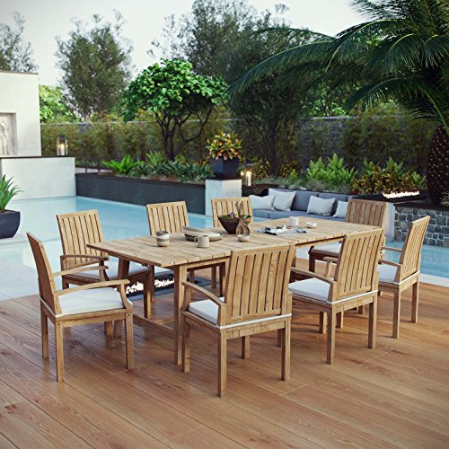Modway EEI-3312-NAT-WHI-SET Marina 9 Piece Patio Teak Outdoor Dining Set in Natural White, Eight Folding Armchair/One Table,