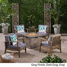 GDFStudio Outdoor 5 Piece Acacia Wood Club Chair and Fire Pit Set, Gray Finish & Gray