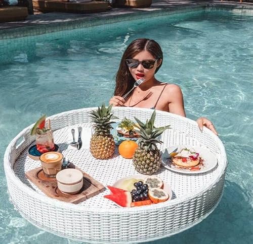 ZHPPED Swimming Pool Floating Tray Table,Rattan Woven Serving Tray,Swimming Pool Floats for Adults for Sandbars, Spas, Bath, and Parties | Floating Tray,White-80CM
