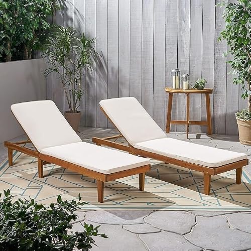 Christopher Knight Home Nadine Acacia Wood Chaise Lounge Chair Outdoor Set of 2, Poolside Sun Lounger Recliner, Patio Outdoor Chaise Lounge with Cushions, Adjustable Backrest Lounge Sofa, Cream+Teak