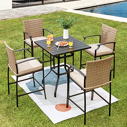 COSTWAY 5PCS Outdoor Bar Table Stool Set, 25'' Rattan Counter Height Chairs with Back, Armrest, Footrest and Cushions, 37'' Steel Table for Garden Backyard Deck