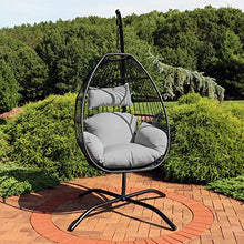 Sunnydaze Delaney Black Resin Wicker Hanging Egg Chair with Powder-Coated Steel Stand - Gray Polyester Cushions - 81 Inches H