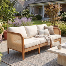 Christopher Knight Home Alala Acacia Wood Outdoor 3 Seater Sofa with Cushions, Solid Wood Patio Sofa with Wicker Accent, Comfy Lounge Sofa for Outdoor Patio Furniture Set, Beige + Teak + Yellow