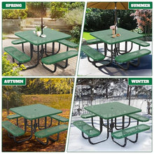 46" Square Top Outdoor Picnic Table Set for Up to 8 Persons, Outside Table Set with 4 Built-in Benches, Metal Commercial-Grade Dining Furniture with Umbrella Hole for Garden, Backyard, Porch, Green