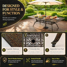 Attliasalon 9-Piece Cast Aluminum Outdoor Dining Set Retro Patio Dining Set for 8 Includes 86.6’’ Rectangular Table and 8 Chairs with Removable Cushion and Umbrella Hole for Patio Deck Garden Porch