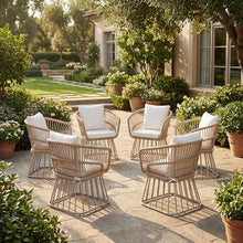 Christopher Knight Home Acker Metal Frame Outdoor Dining Chairs Set of 6, Patio Dining Room Chairs with Wicker Curved Backrest, Comfy Poolside Kitchen Chairs with Cushion, Patio Chairs, Teak + Beige
