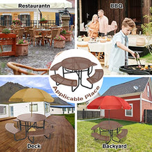 ADDJY Commercial Picnic Tables with Umbrella Hole for Outdoors, All Metal Heavy Duty Picnic Table with Benches for School, Hospital, Coffee Shop, Brown