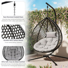 Hanging Egg Chair with Stand – 330 Lbs Capacity Patio Rattan Basket Chair, Garden Swing Hammock with Soft Removable Cushion, Indoor Outdoor for Balcony, Porch, Poolside & Bedroom, Black+ Gray