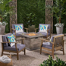 GDFStudio Outdoor 5 Piece Acacia Wood Club Chair and Fire Pit Set, Gray Finish & Gray