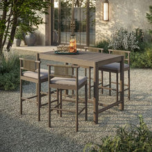 Modway Eleni 5-Piece Outdoor Teak Wood Bar Set in Weathered Gray Pebble – 56 Inch Rectangular Patio Bar Table with 4 Bar Chairs